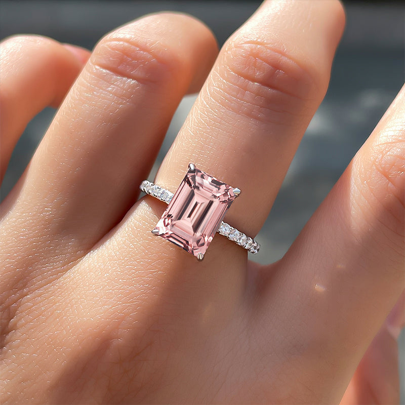 Elegant Emerald Cut Morganite Pink Women's Engagement Ring In Sterling Silver-Maxinejewelry