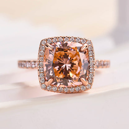 Elegant Cushion Cut Synthetic Morganite Halo Engagement Ring In Sterling Silver