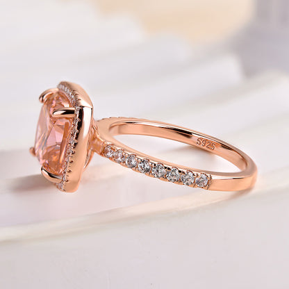 Elegant Cushion Cut Synthetic Morganite Halo Engagement Ring In Sterling Silver