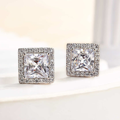 Fashion Halo Princess Cut Sona Simulated Diamond Stud Earrings In Sterling Silver