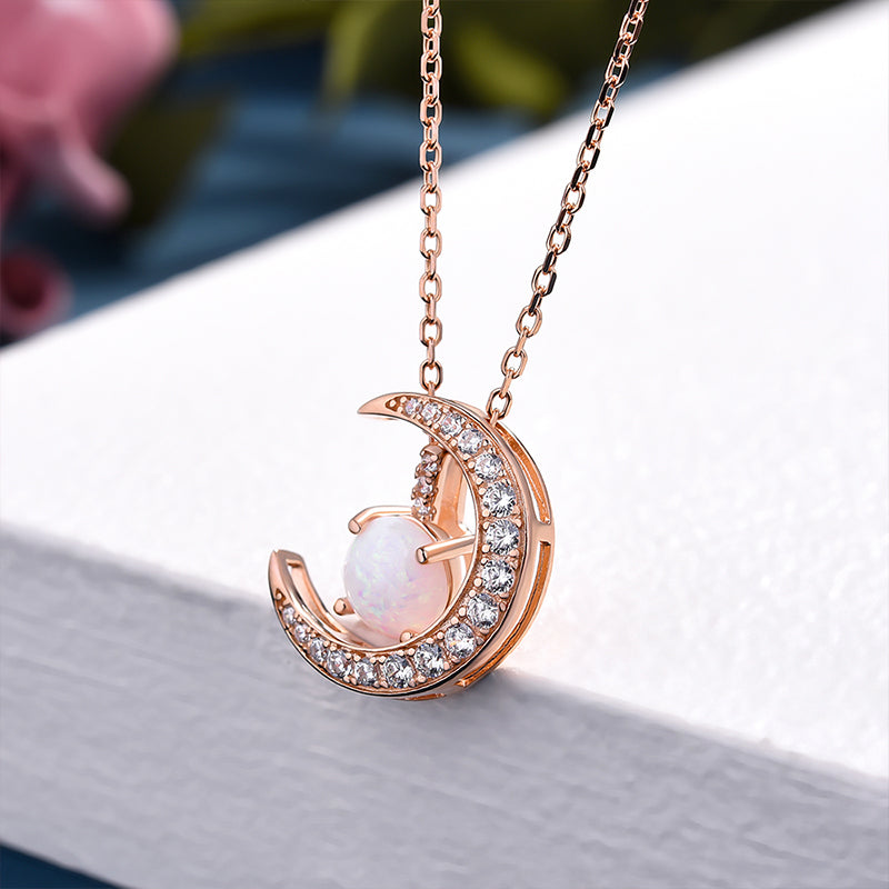 Rose Gold Moon Design Round Cut Opal Pendant Necklace In Sterling Silver