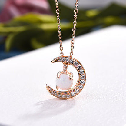 Rose Gold Moon Design Round Cut Opal Pendant Necklace In Sterling Silver