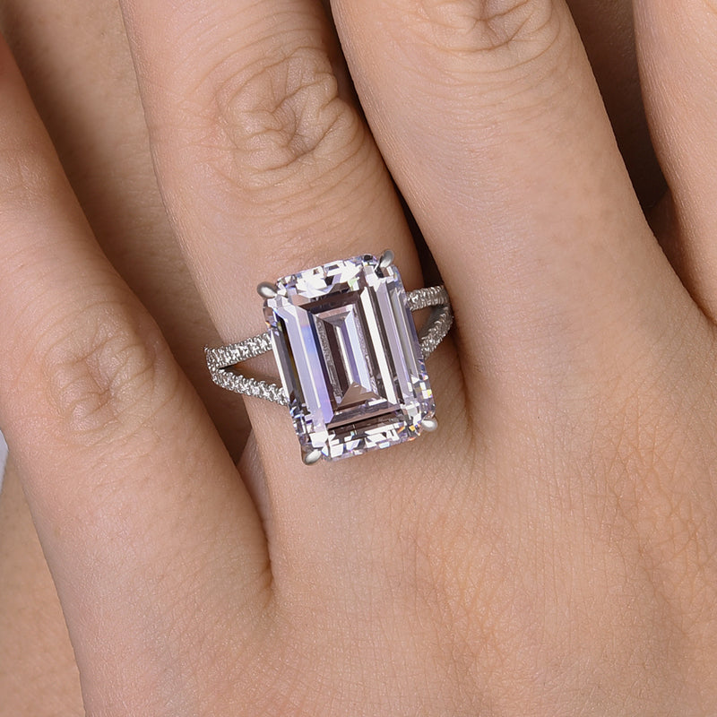 Luxurious Split Shank Emerald Cut Engagement Ring In Sterling Silver-Maxinejewelry