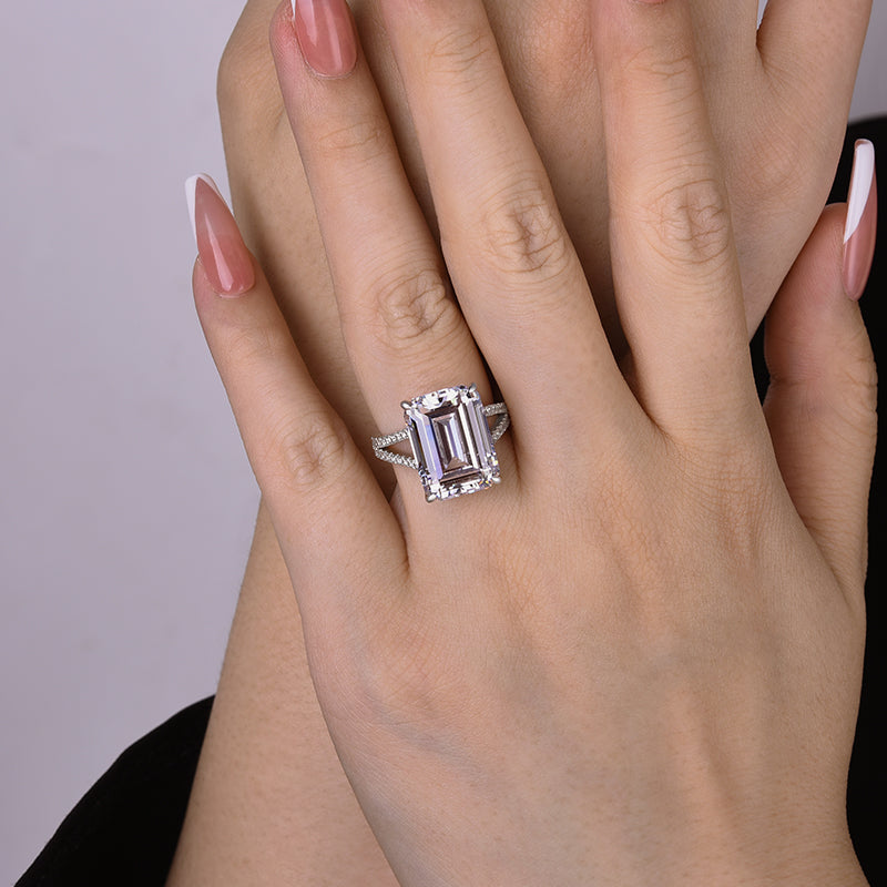 Luxurious Split Shank Emerald Cut Engagement Ring In Sterling Silver-Maxinejewelry