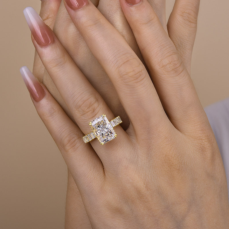 Exclusive Yellow Gold Crushed Ice Radiant Cut Engagement Ring In Sterling Silver-Maxinejewelry