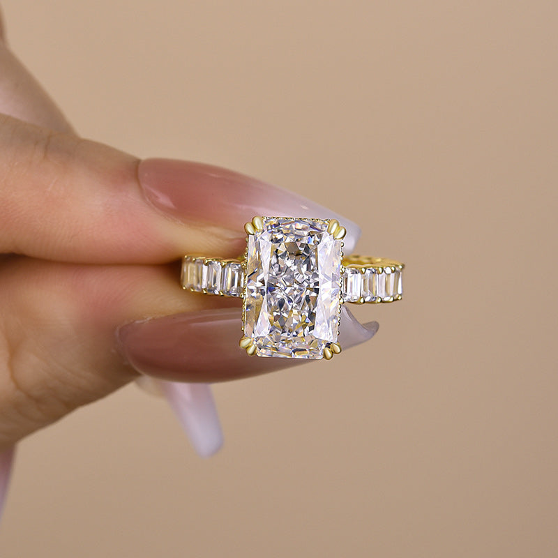 Exclusive Yellow Gold Crushed Ice Radiant Cut Engagement Ring In Sterling Silver-Maxinejewelry