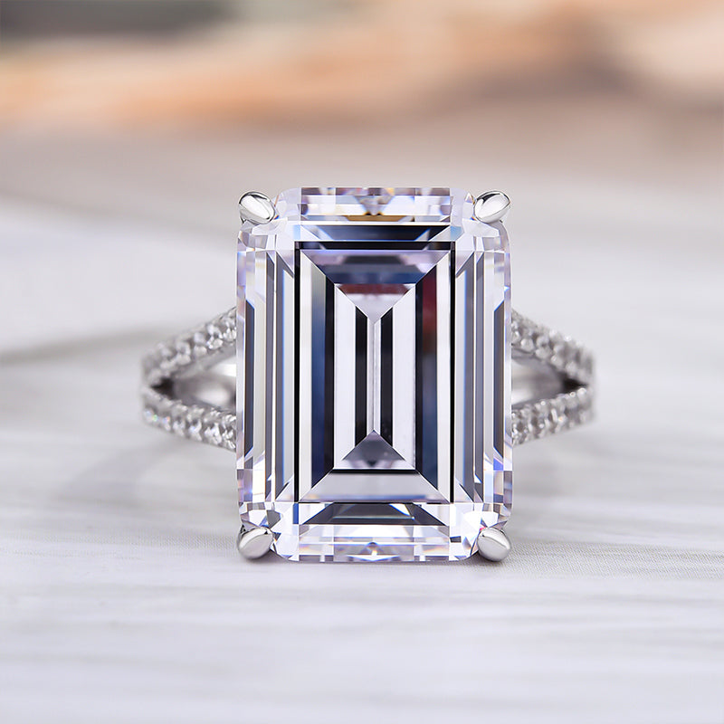 Luxurious Split Shank Emerald Cut Engagement Ring In Sterling Silver