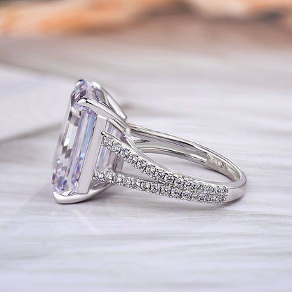 Luxurious Split Shank Emerald Cut Engagement Ring In Sterling Silver