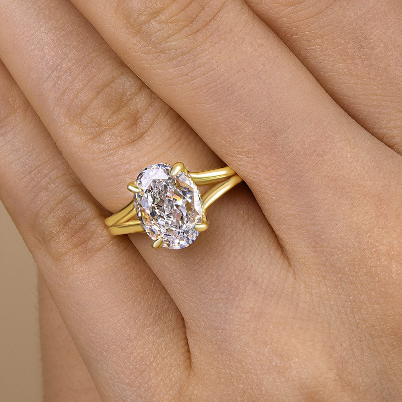 Exclusive Yellow Gold Split Shank Oval Cut Engagement Ring In Sterling Silver-Maxinejewelry