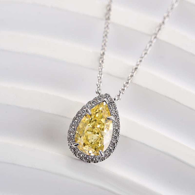 Exquisite Halo Pear Cut Yellow Sapphire Pendant with Necklace In Sterling Silver