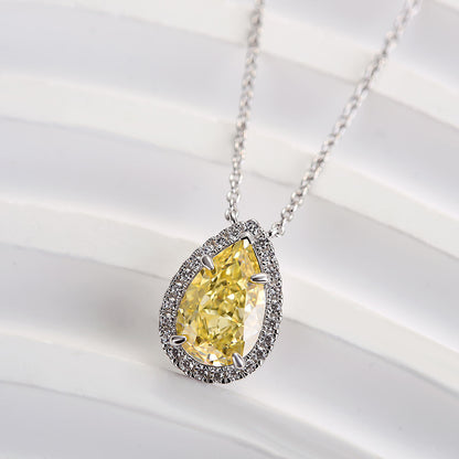 Exquisite Halo Pear Cut Yellow Sapphire Pendant with Necklace In Sterling Silver