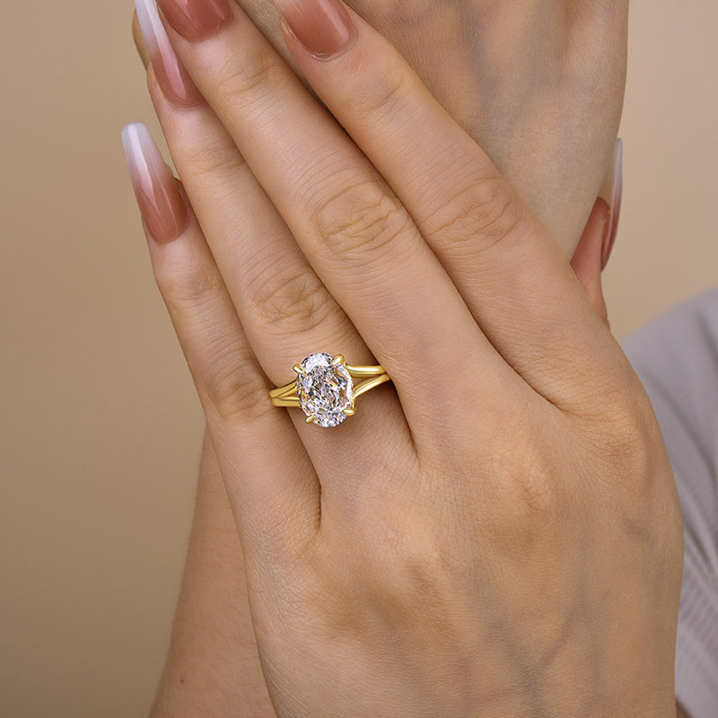 Exclusive Yellow Gold Split Shank Oval Cut Engagement Ring In Sterling Silver-Maxinejewelry