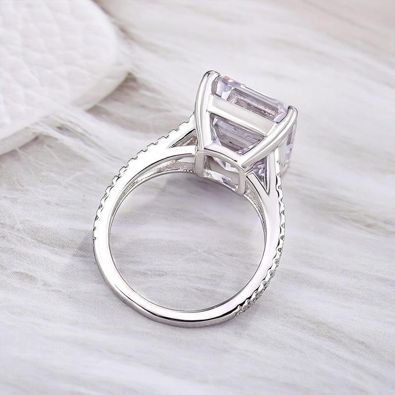 Luxurious Split Shank Emerald Cut Engagement Ring In Sterling Silver