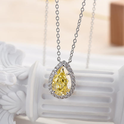 Exquisite Halo Pear Cut Yellow Sapphire Pendant with Necklace In Sterling Silver