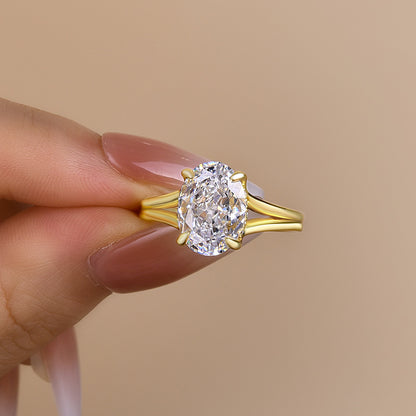 Exclusive Yellow Gold Split Shank Oval Cut Engagement Ring In Sterling Silver-Maxinejewelry