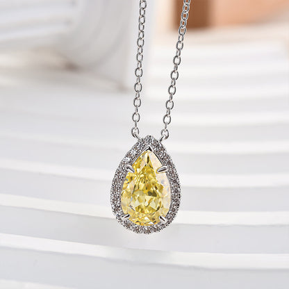 Exquisite Halo Pear Cut Yellow Sapphire Pendant with Necklace In Sterling Silver