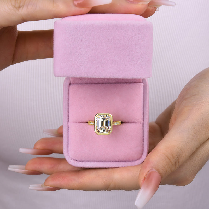 Luxurious Yellow Gold Emerald Cut Bezel Engagement Ring In Sterling Silver-Maxinejewelry