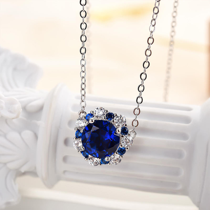 Vintage Halo Round Cut Blue Sapphire Women's Pendant Necklace