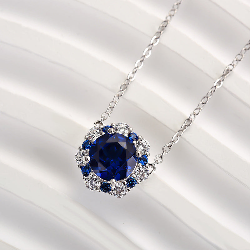 Vintage Halo Round Cut Blue Sapphire Women's Pendant Necklace