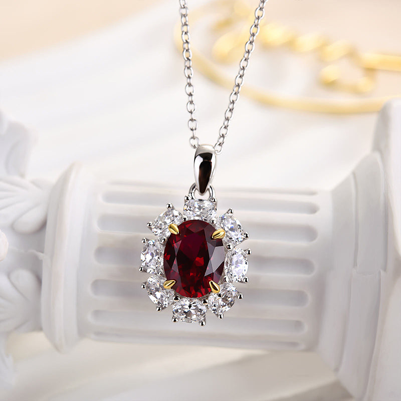 1.8 Carat Ruby Oval Cut Halo Pendant with Necklace In Sterling Silver