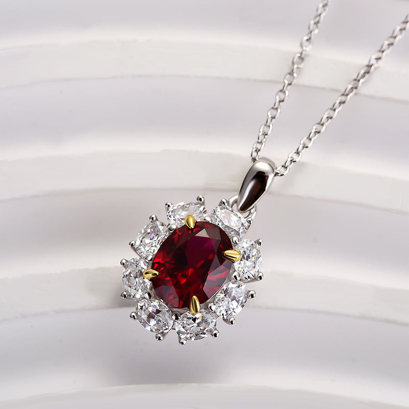 1.8 Carat Ruby Oval Cut Halo Pendant with Necklace In Sterling Silver