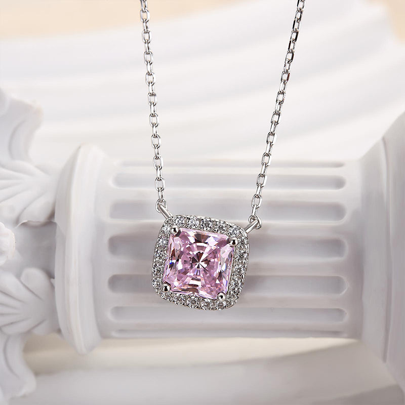 1.5 Carat Cushion Cut Pink Halo Pendant with Necklace In Sterling Silver