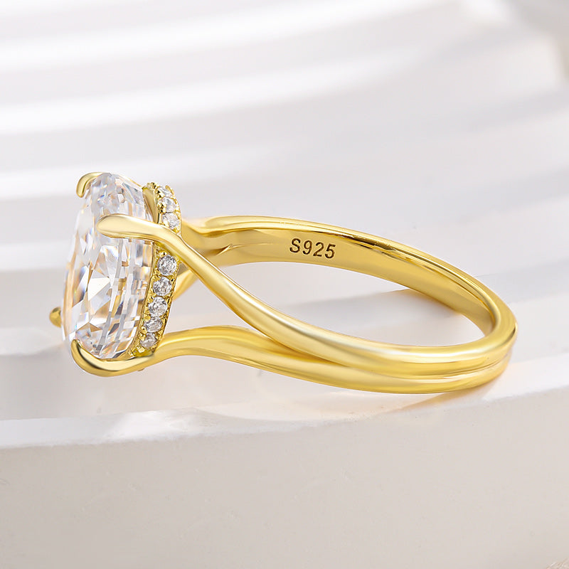 Exclusive Yellow Gold Split Shank Oval Cut Engagement Ring In Sterling Silver