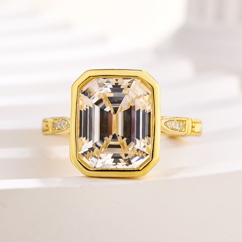 Luxurious Yellow Gold Emerald Cut Bezel Engagement Ring In Sterling Silver-Maxinejewelry