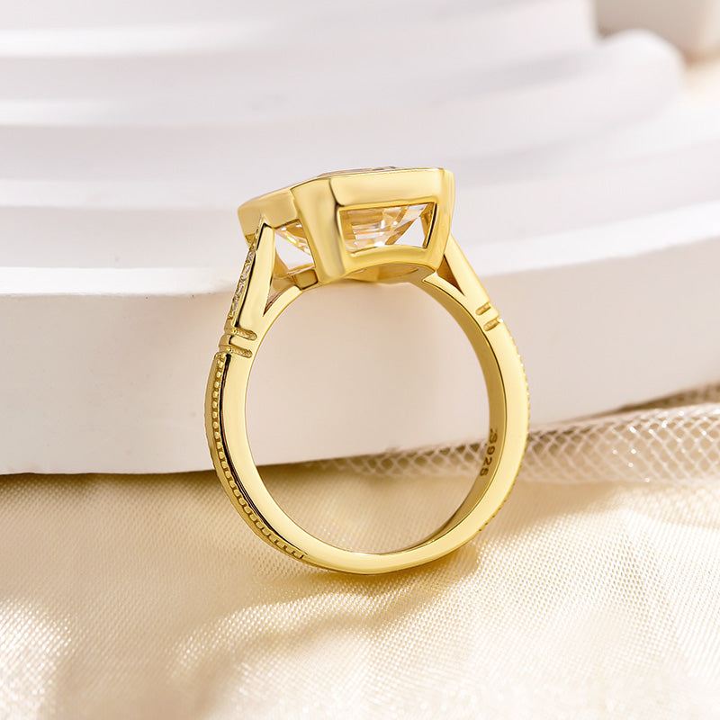 Luxurious Yellow Gold Emerald Cut Bezel Engagement Ring In Sterling Silver-Maxinejewelry