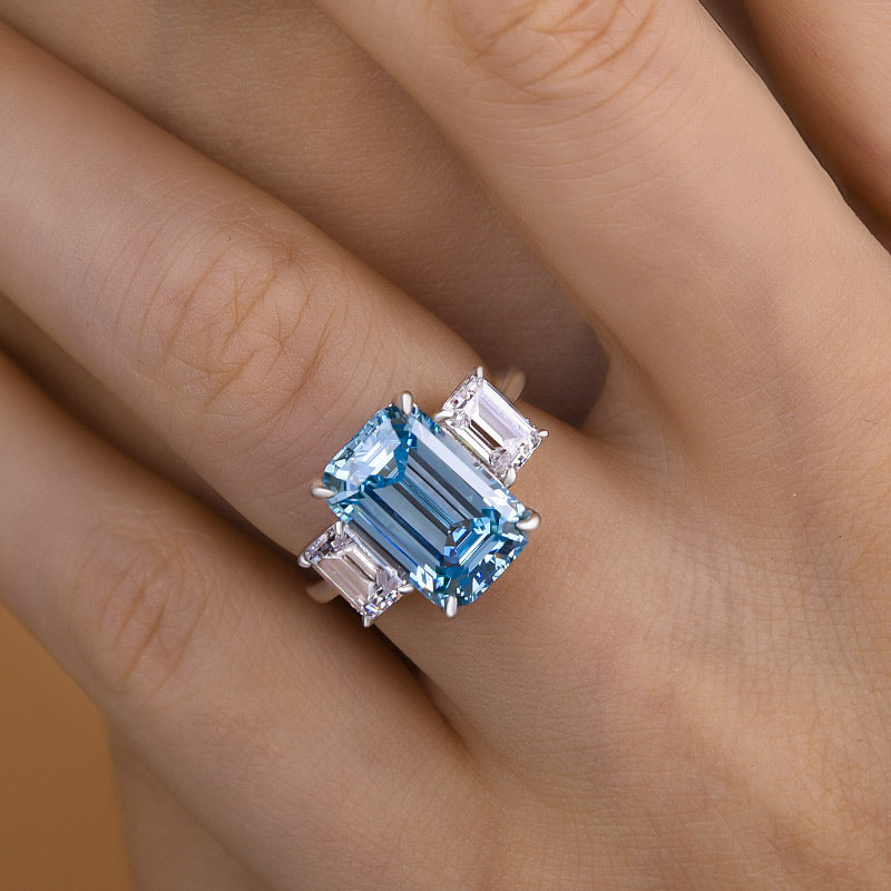 Luxurious Emerald Cut Three Stone Aquamarine Blue Engagement Ring In Sterling Silver-Maxinejewelry