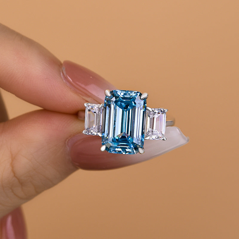 Luxurious Emerald Cut Three Stone Aquamarine Blue Engagement Ring In Sterling Silver-Maxinejewelry