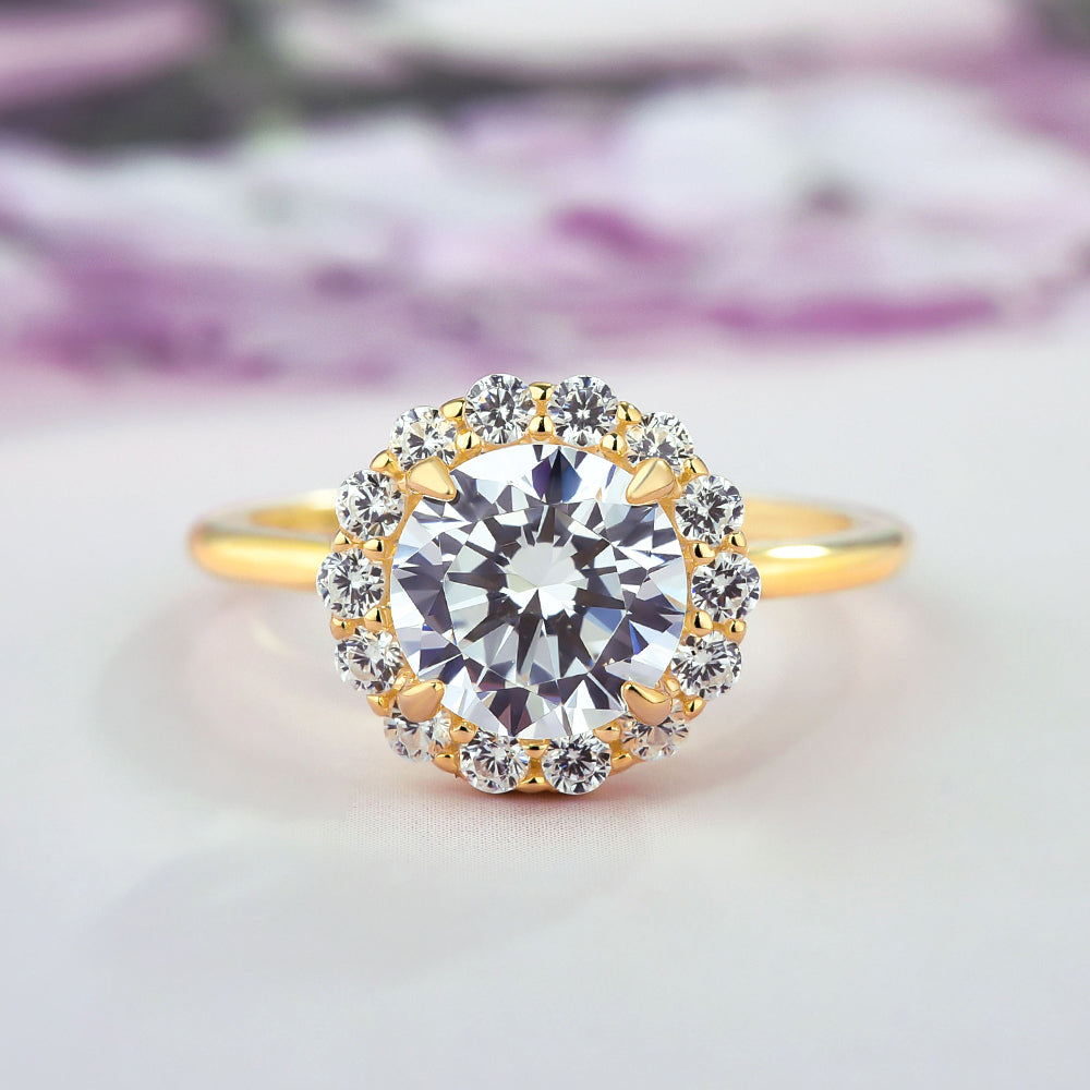 Yellow Gold Halo Round Cut Women's Engagement Ring In Sterling Silver