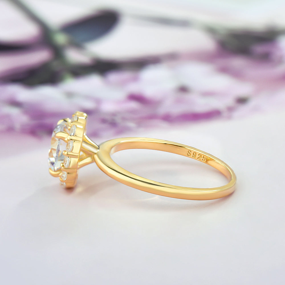 Yellow Gold Halo Round Cut Women's Engagement Ring In Sterling Silver