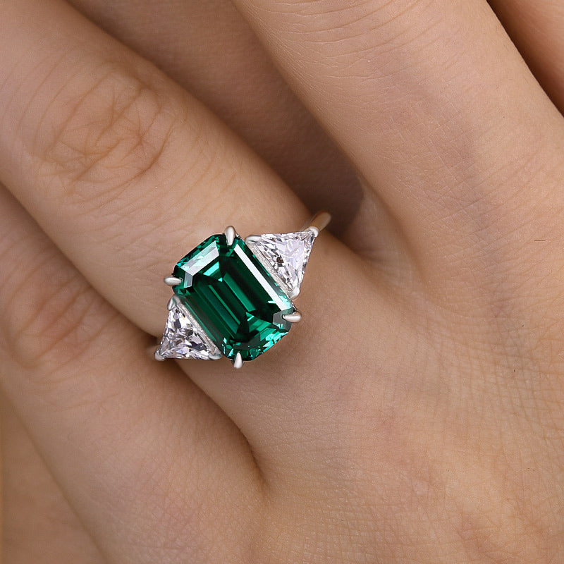 Stunning Emerald Cut Three Stone Paraiba Tourmaline Engagement Ring In Sterling Silver-Maxinejewelry