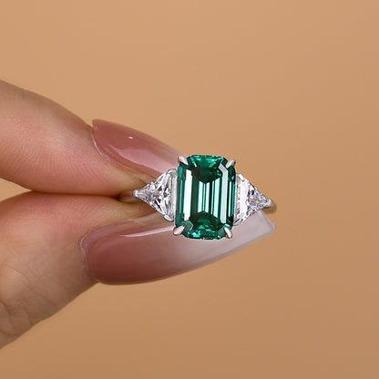 Stunning Emerald Cut Three Stone Paraiba Tourmaline Engagement Ring In Sterling Silver-Maxinejewelry