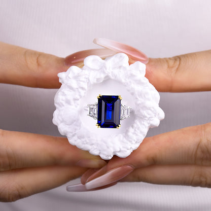 Luxurious Blue Sapphire Emerald Cut Three Stone Engagement Ring In Sterling Silver-Maxinejewelry