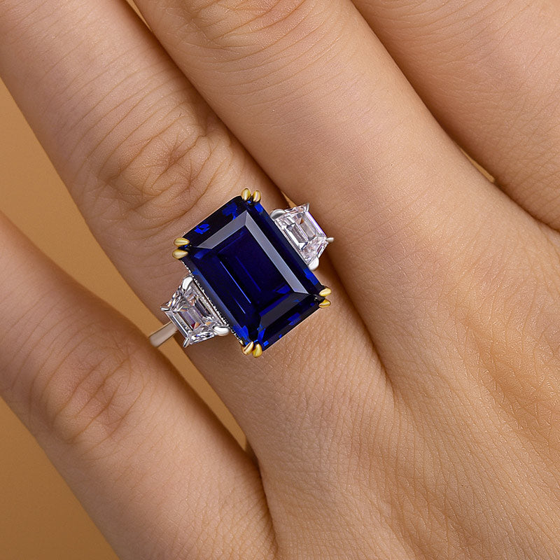 Luxurious Blue Sapphire Emerald Cut Three Stone Engagement Ring In Sterling Silver-Maxinejewelry