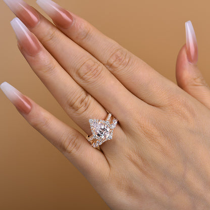 Sparkle Rose Gold Halo Pear Cut Bridal Ring Set In Sterling Silver