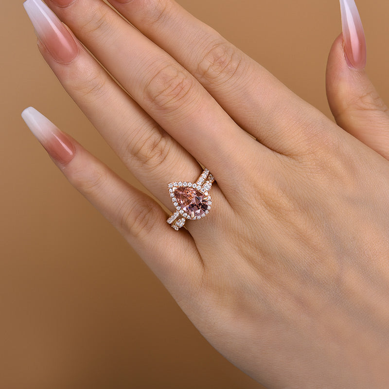 Rose Gold Halo 3.0 Carat Pear Cut Peachy Pink Stone Wedding Set For Women-Maxinejewelry