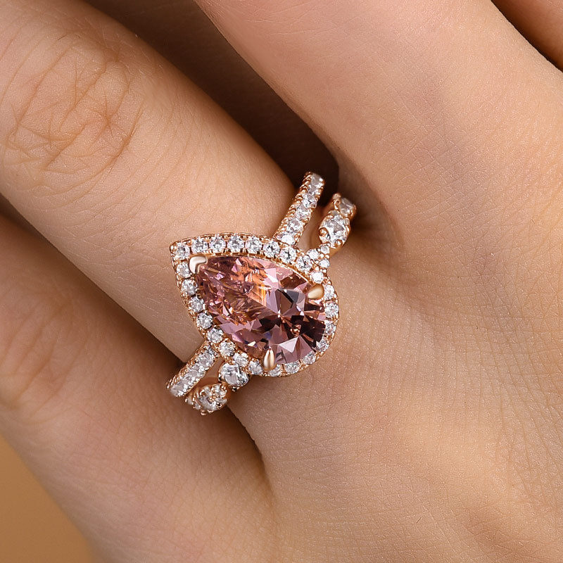 Rose Gold Halo 3.0 Carat Pear Cut Peachy Pink Stone Wedding Set For Women-Maxinejewelry