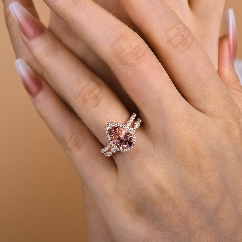 Rose Gold Halo 3.0 Carat Pear Cut Peachy Pink Stone Wedding Set For Women-Maxinejewelry