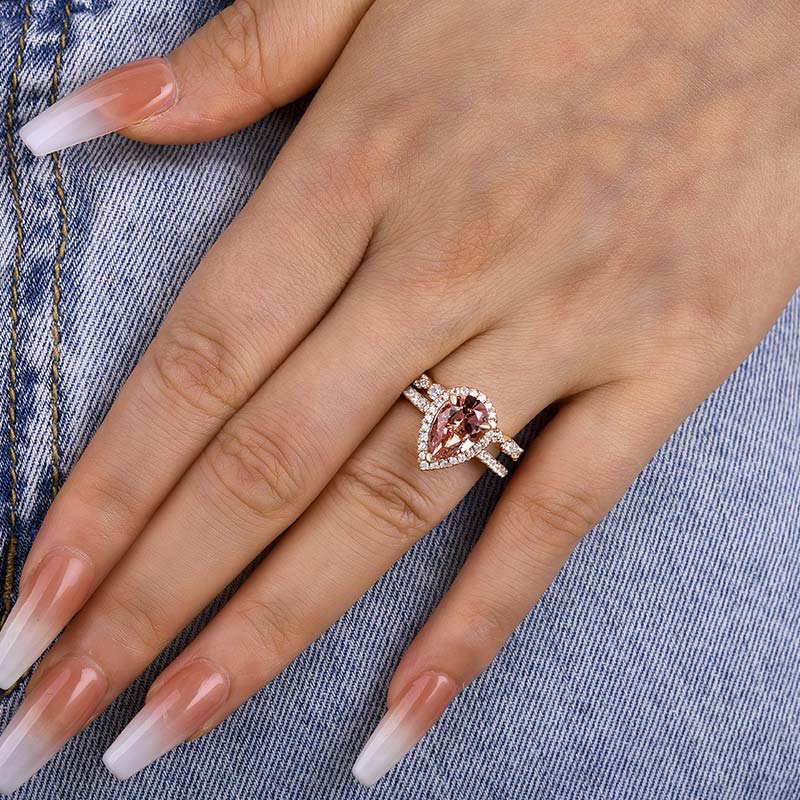 Rose Gold Halo 3.0 Carat Pear Cut Peachy Pink Stone Wedding Set For Women-Maxinejewelry