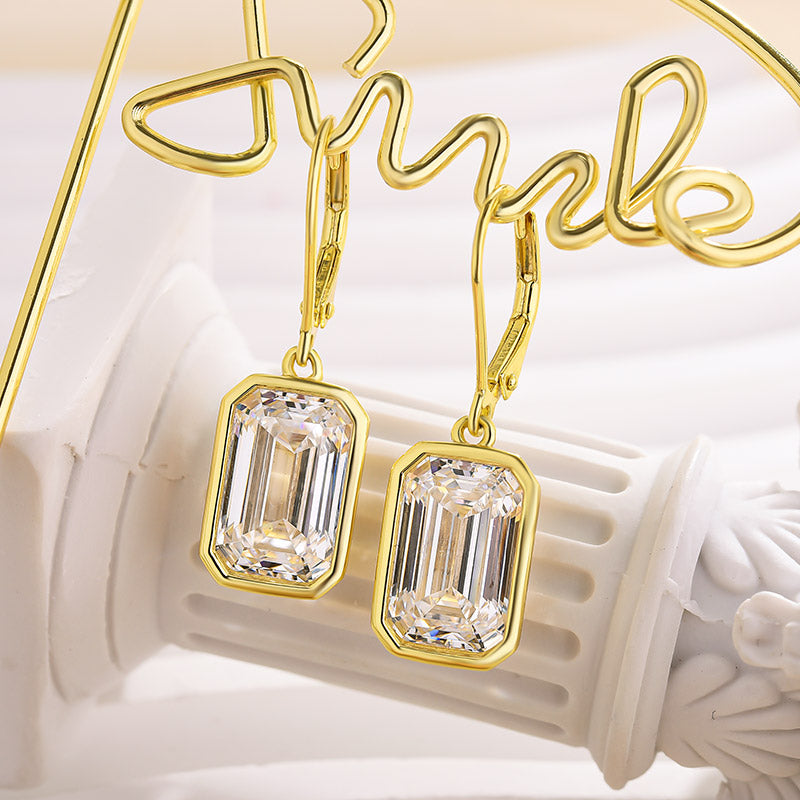 Special Yellow Gold Bezel Emerald Cut Women's Earrings In Sterling Silver