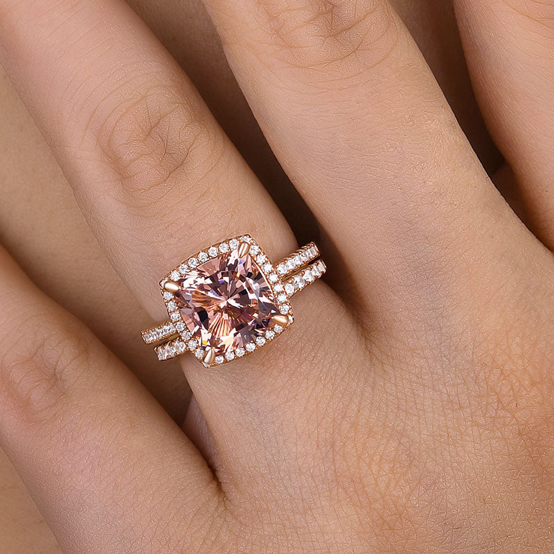 Morganite Women's Bridal Set 5.0 Carat Cushion Cut Wedding Ring Set In Sterling Silver-Maxinejewelry