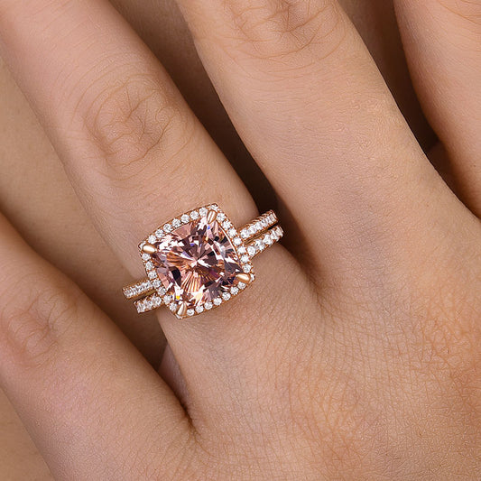 Morganite Women's Bridal Set 5.0 Carat Cushion Cut Wedding Ring Set In Sterling Silver-Maxinejewelry