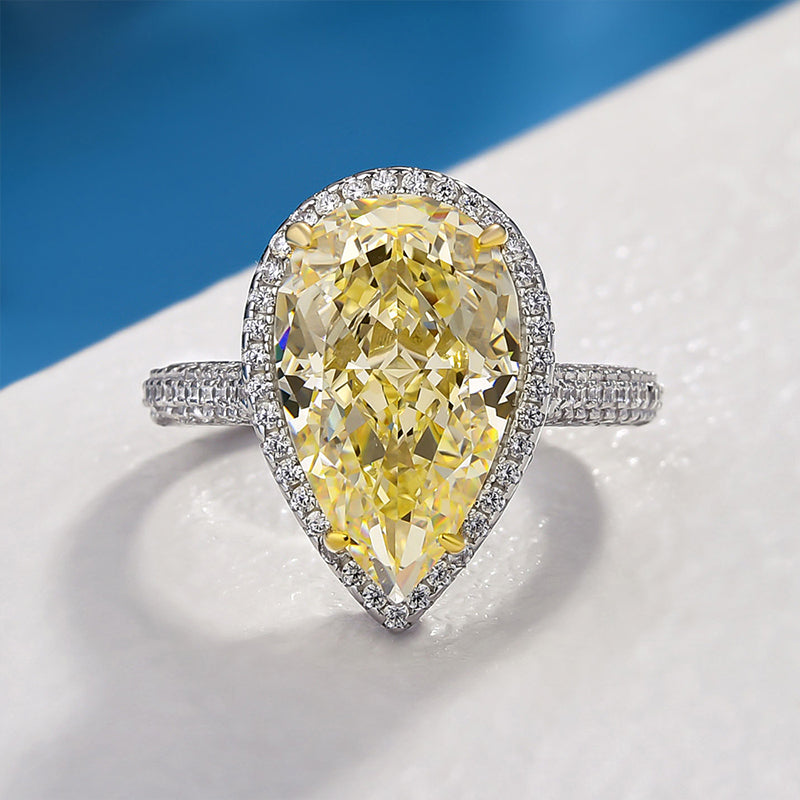 Halo Pear Cut Yellow Sapphire Engagement Ring In Sterling Silver-Maxinejewelry