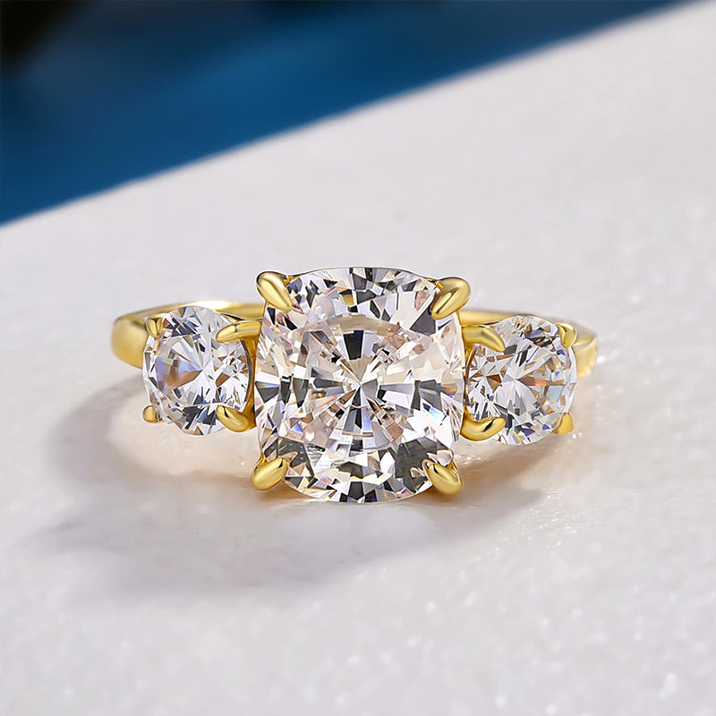 Stunning Yellow Gold Cushion Cut Three Stone Engagement Ring In Sterling Silver-Maxinejewelry