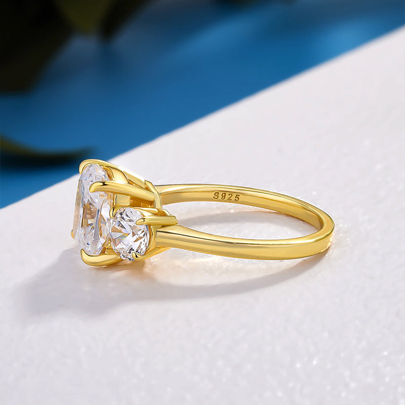 Stunning Yellow Gold Cushion Cut Three Stone Engagement Ring In Sterling Silver