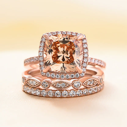 Halo Cushion Cut Champagne Stone 3PC Wedding Ring Set In Rose Gold-Maxinejewelry