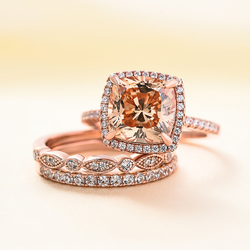 Halo Cushion Cut Champagne Stone 3PC Wedding Ring Set In Rose Gold-Maxinejewelry